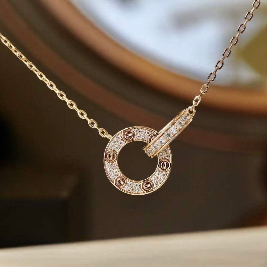 [⭐Haelin Jewelry]LOVE 7.6MM NECKLACE ROSE GOLD AND SILVER  FULL DIAMOND