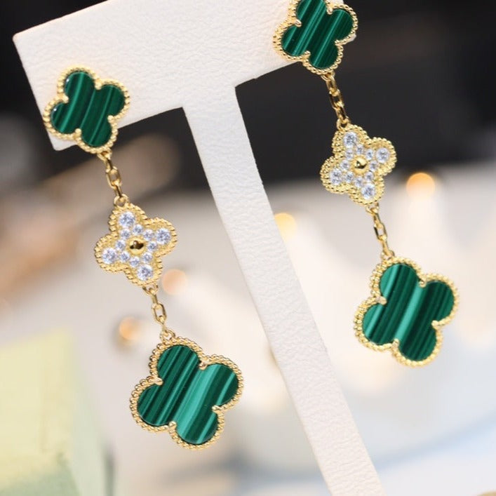 [⭐Haelin Jewelry]CLOVER EARRINGS GOLD MALACHITE DIAMOND 3 MOTIF