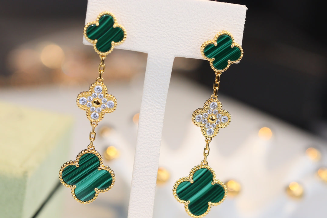 [⭐Haelin Jewelry]CLOVER EARRINGS GOLD MALACHITE DIAMOND 3 MOTIF