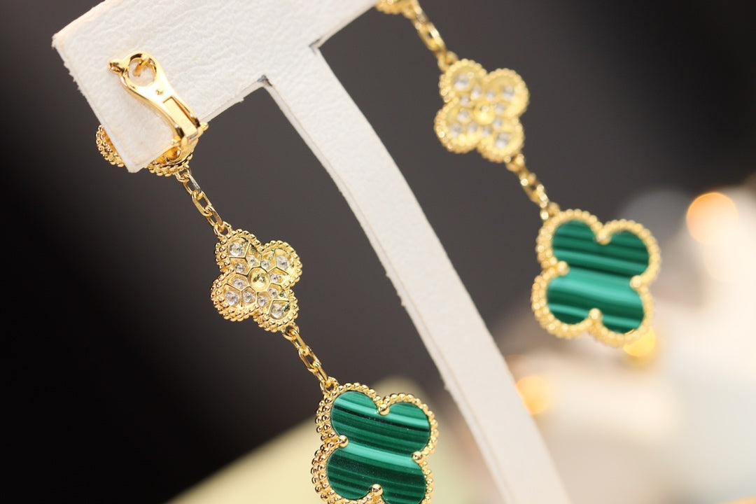 [⭐Haelin Jewelry]CLOVER EARRINGS GOLD MALACHITE DIAMOND 3 MOTIF
