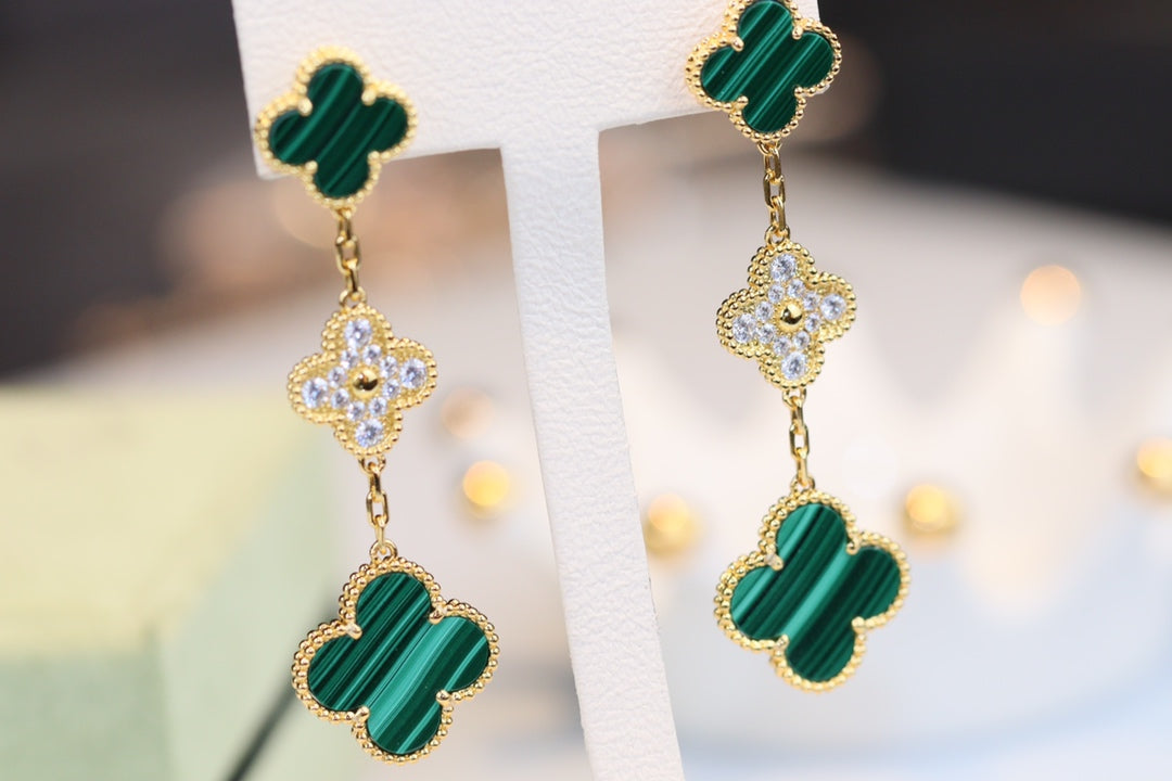 [⭐Haelin Jewelry]CLOVER EARRINGS GOLD MALACHITE DIAMOND 3 MOTIF