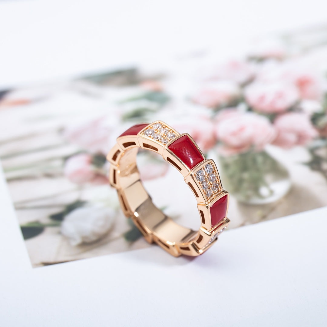 [⭐Haelin Jewelry]SERPENTI RING PINK GOLD CARNELIAN DIAMOND PAVED 4MM
