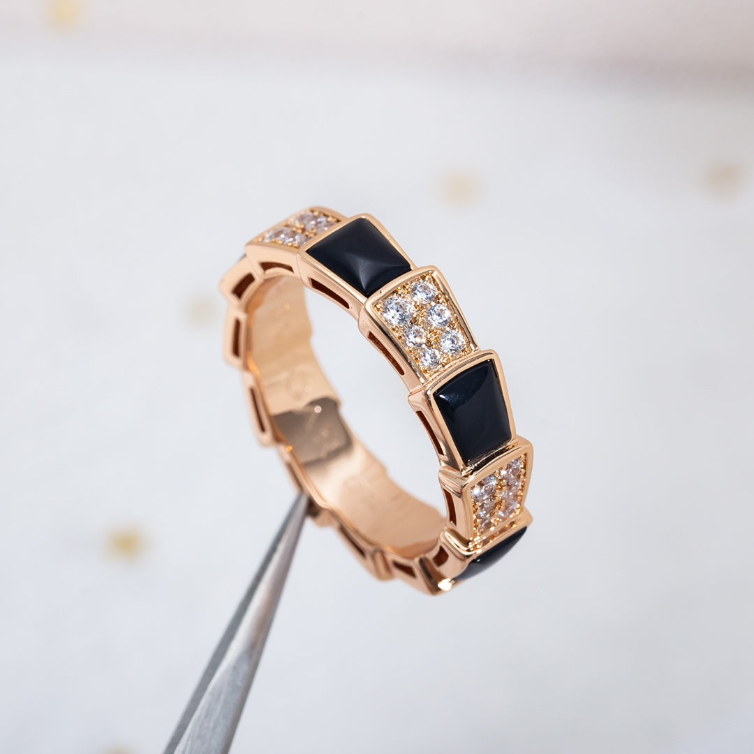 [⭐Haelin Jewelry]SERPENTI RING PINK GOLD BLACK MOP DIAMOND PAVED 4MM
