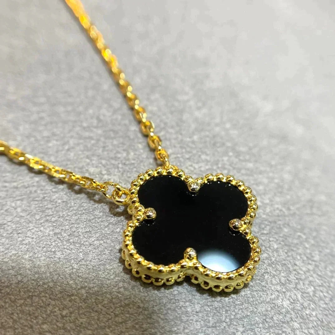[⭐Haelin Jewelry]CLOVER 15MM BLACK ONYX SINGLE FLOWER NECKLACE