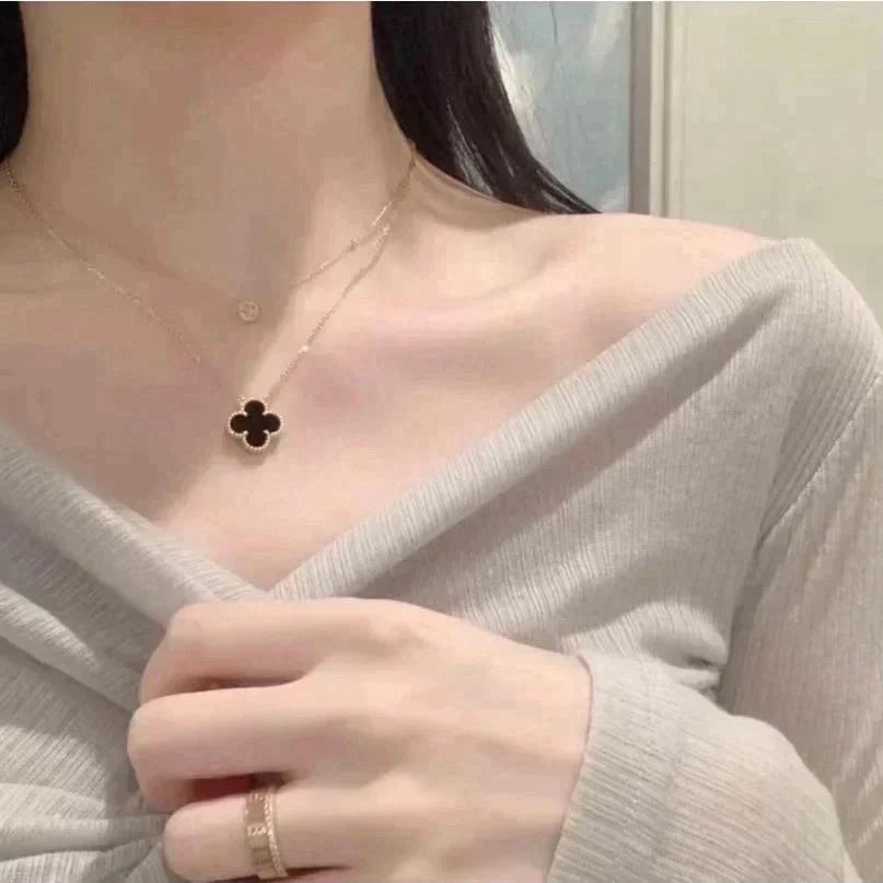 [⭐Haelin Jewelry]CLOVER 15MM BLACK ONYX SINGLE FLOWER NECKLACE