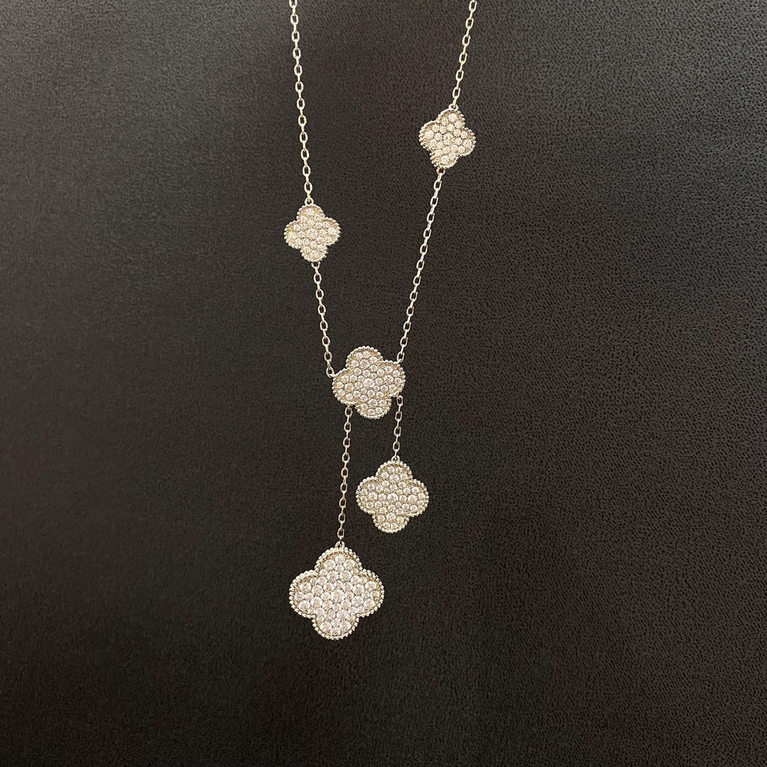 [⭐Haelin Jewelry]CLOVER 5 MOTIFS SILVER DIAMONDS NECKLACE