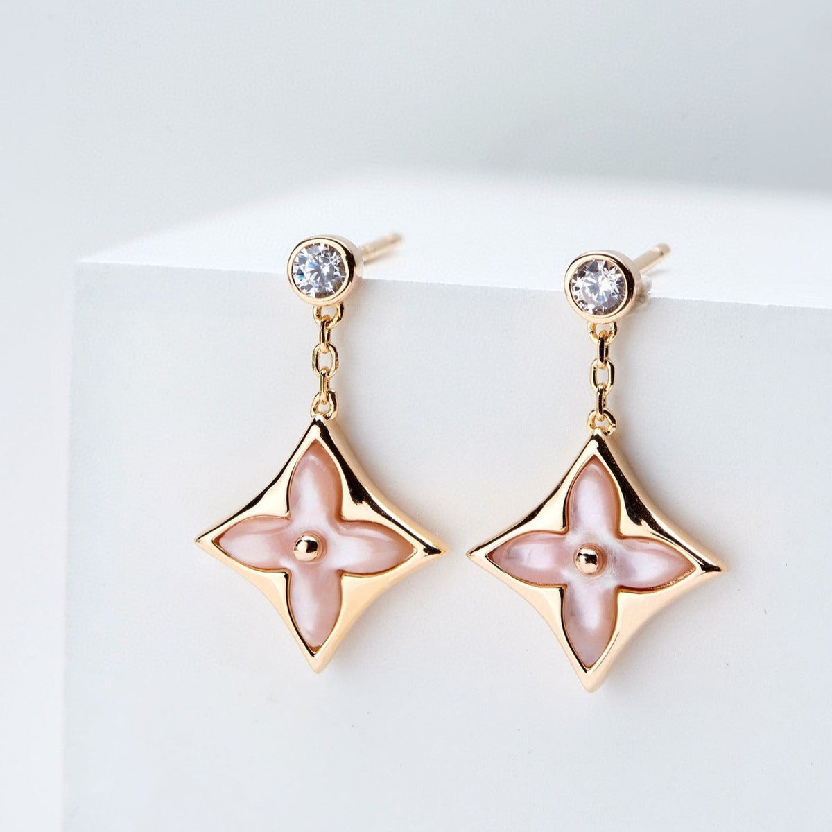 [⭐Haelin Jewelry]DOUBLE STAR PINK GOLD MOP DROP EARRINGS