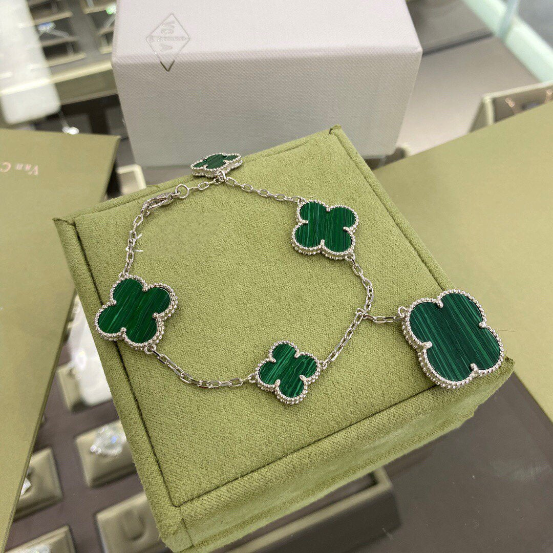 [⭐Haelin Jewelry]CLOVER 5 MOTIFS SIVLER MALACHITE BRACELET
