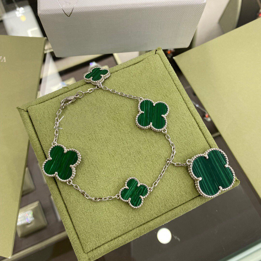 [⭐Haelin Jewelry]CLOVER 5 MOTIFS SIVLER MALACHITE BRACELET