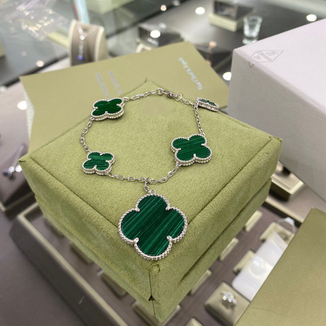[⭐Haelin Jewelry]CLOVER 5 MOTIFS SIVLER MALACHITE BRACELET