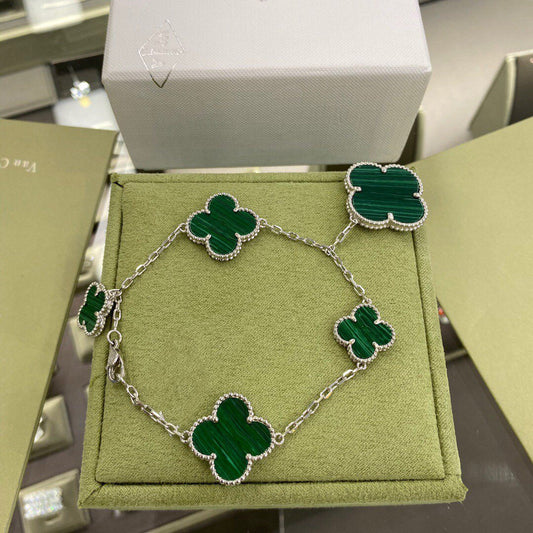 [⭐Haelin Jewelry]CLOVER 5 MOTIFS SIVLER MALACHITE BRACELET