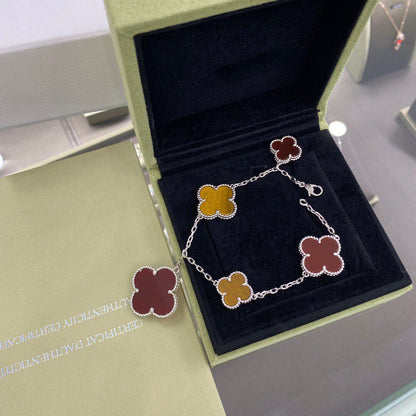 [⭐Haelin Jewelry]CLOVER 5 MOTIFS SIVLER CARNELIAN TIGER EYE BRACELET