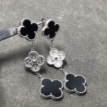 [⭐Haelin Jewelry]CLOVER 3 MOTIF DIAMOND ONYX SILVER EARRINGS
