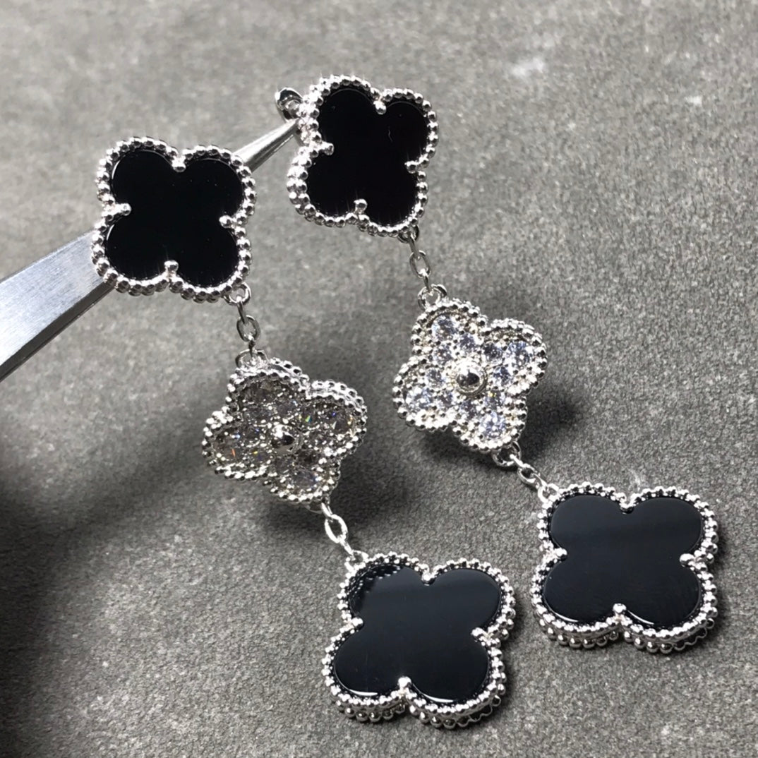 [⭐Haelin Jewelry]CLOVER 3 MOTIF DIAMOND ONYX SILVER EARRINGS