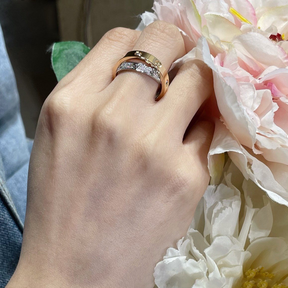 [⭐Haelin Jewelry]LOVE PINK GOLD SILVER DIAMOND DOUBLE RING