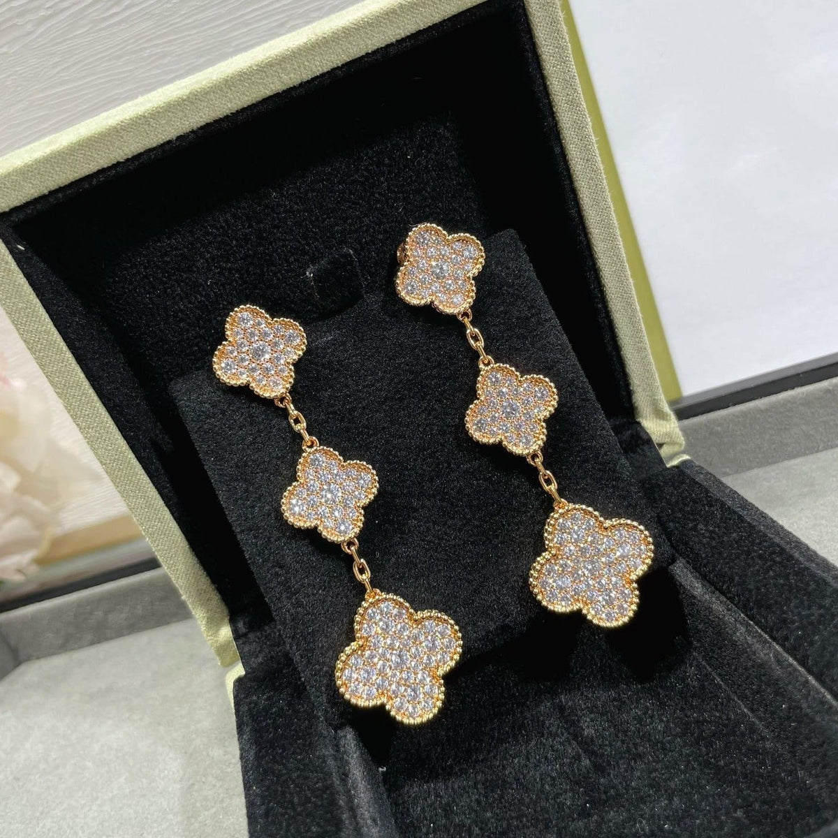 [⭐Haelin Jewelry]CLOVER 3 MOTIFS DIAMOND PAVED ROSE GOLD EARRINGS