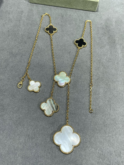 [⭐Haelin Jewelry]CLOVER 6 MOTIF MOP ONYX GOLD NECKLACE