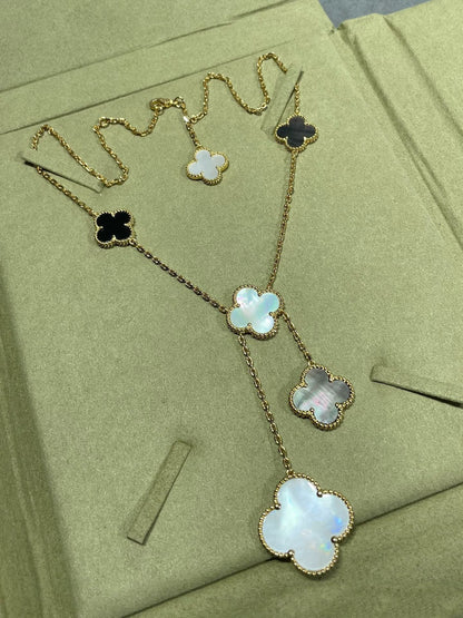 [⭐Haelin Jewelry]CLOVER 6 MOTIF MOP ONYX GOLD NECKLACE
