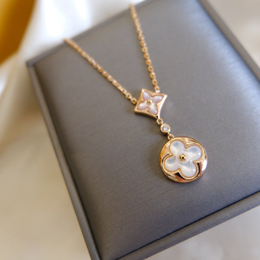 [⭐Haelin Jewelry]STAR AND SUN WHITE MOP 2 MOTIF PINK GOLD NECKLACE