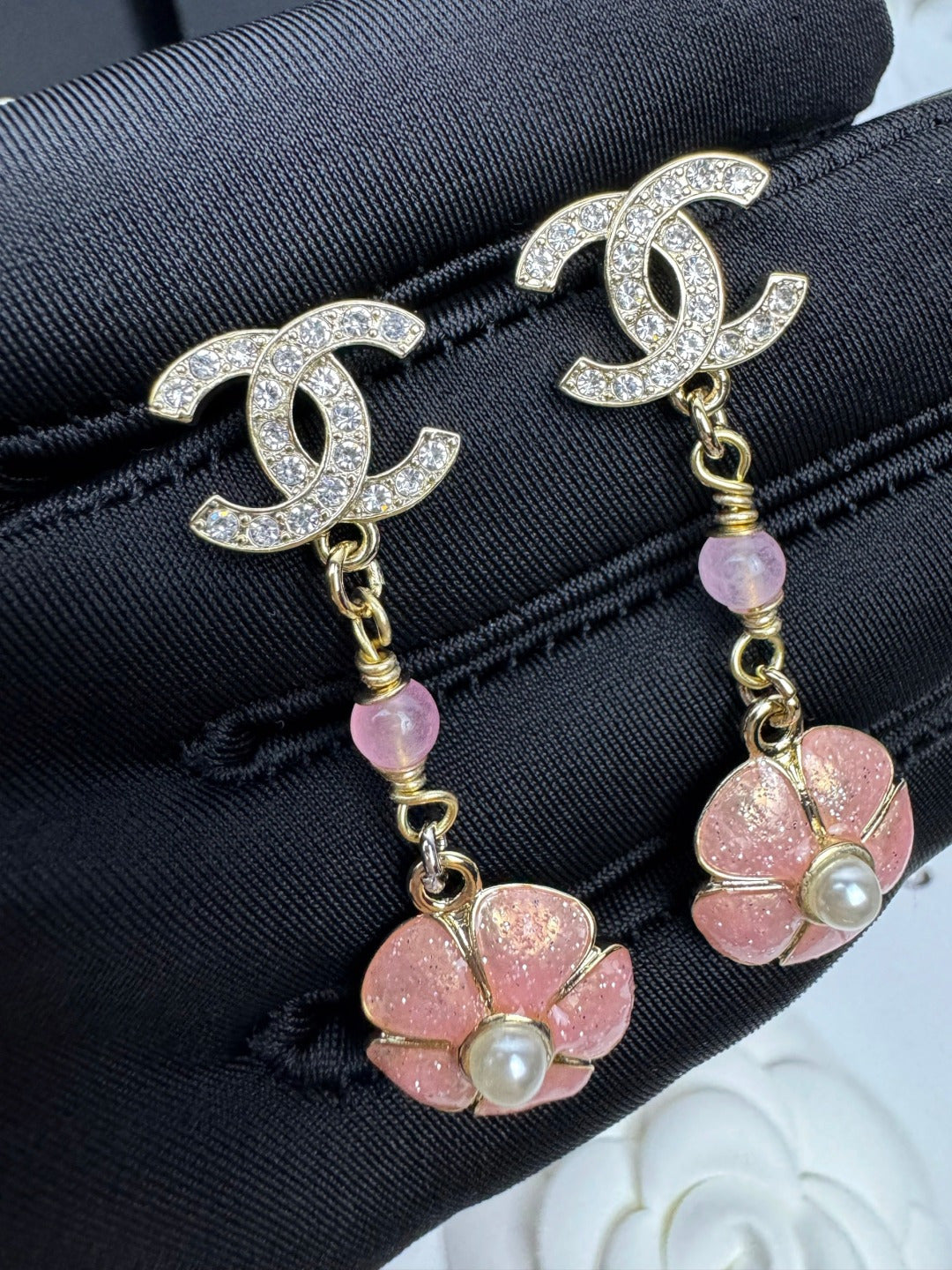 [⭐Haelin Jewelry]26C Pink Camellia Enamel Pendant with Double C Earrings