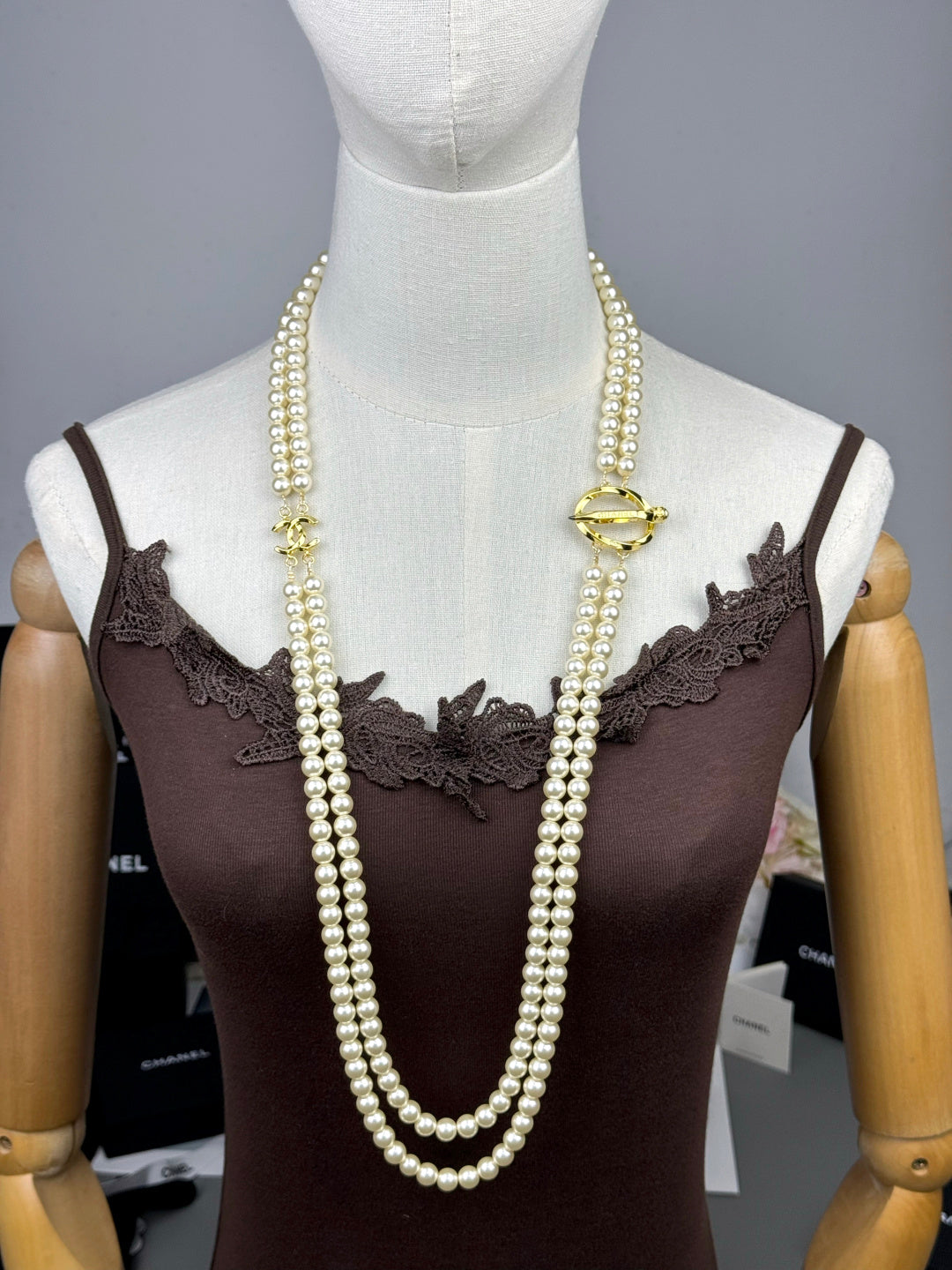 [⭐Haelin Jewelry]25K Pencil Double C Double-Layer Pearl Sweater Chain