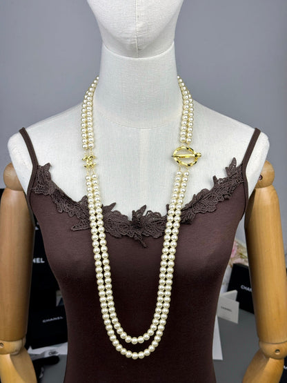 [⭐Haelin Jewelry]25K Pencil Double C Double-Layer Pearl Sweater Chain