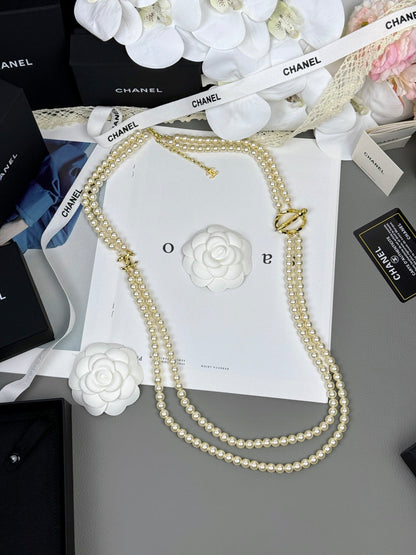 [⭐Haelin Jewelry]25K Pencil Double C Double-Layer Pearl Sweater Chain