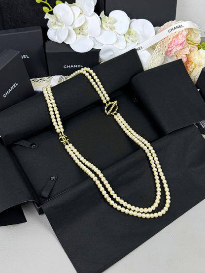 [⭐Haelin Jewelry]25K Pencil Double C Double-Layer Pearl Sweater Chain