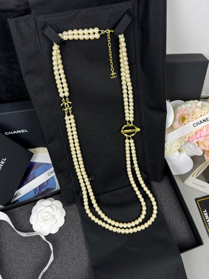 [⭐Haelin Jewelry]25K Pencil Double C Double-Layer Pearl Sweater Chain