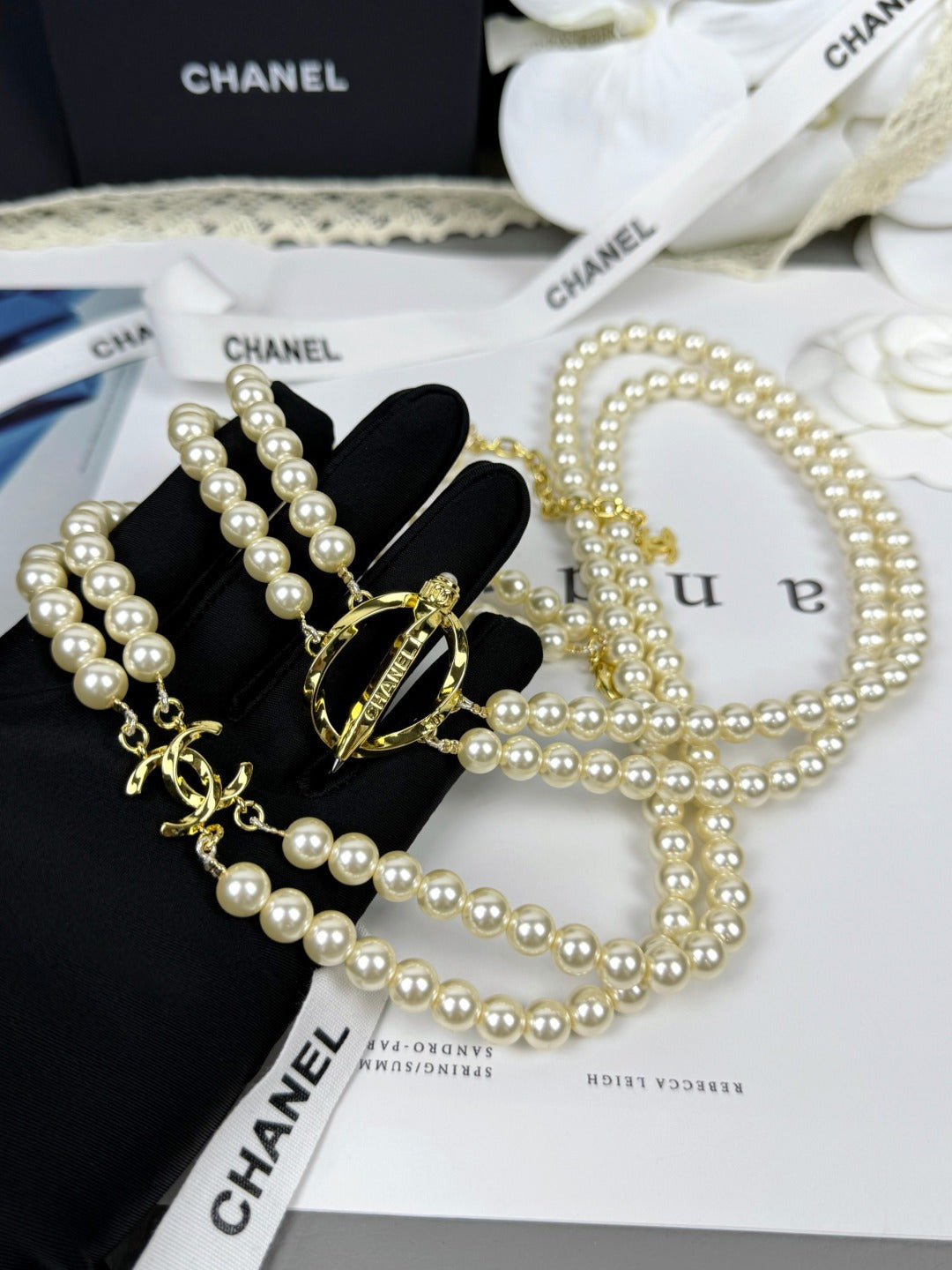 [⭐Haelin Jewelry]25K Pencil Double C Double-Layer Pearl Sweater Chain
