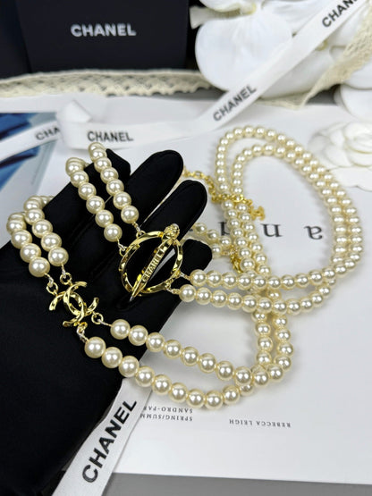 [⭐Haelin Jewelry]25K Pencil Double C Double-Layer Pearl Sweater Chain