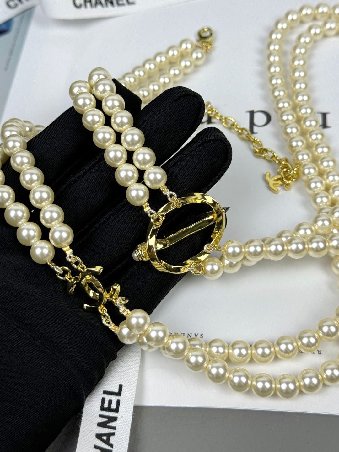 [⭐Haelin Jewelry]25K Pencil Double C Double-Layer Pearl Sweater Chain