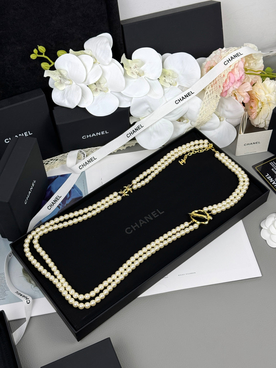 [⭐Haelin Jewelry]25K Pencil Double C Double-Layer Pearl Sweater Chain