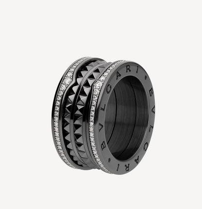 [⭐Haelin Jewelry]ZERO 1 ROCK FOUR-BAND BLACK CERAMIC WITH STUDDED SPIRAL AND PAVED DIAMONDS RING