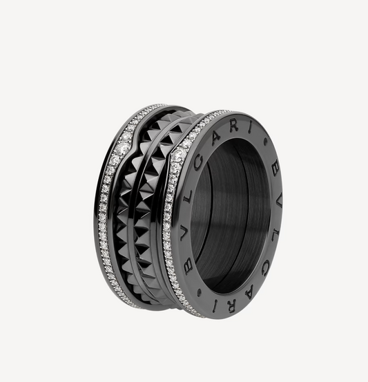 [⭐Haelin Jewelry]ZERO 1 ROCK FOUR-BAND BLACK CERAMIC WITH STUDDED SPIRAL AND PAVED DIAMONDS RING