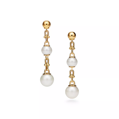 [Haelin Jewelry]TRIPLE DROP LINK EARRINGS GOLD WITH FRESHWATER PEARLS