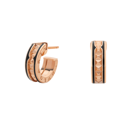 [⭐Haelin Jewelry]ZERO 1 ROCK PINK GOLD EARRINGS WITH STUDDED SPIRAL AND BLACK CERAMIC