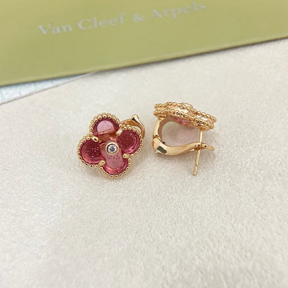 [⭐Haelin Jewelry]2026 NEW  CLOVER 1 MOTIFPINK ENAMEL STUD EARRINGS WITH DIAMONDS2
