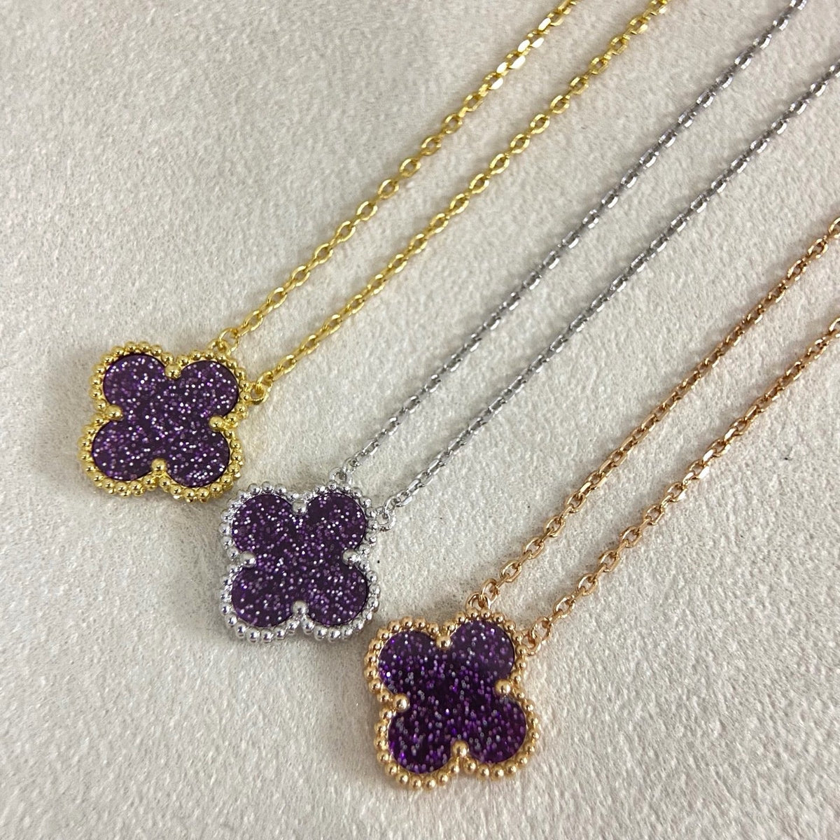 [⭐Haelin Jewelry]NEW 15MM PURPLE SAND-GOLD FOUR-LEAF CLOVER NECKLACE