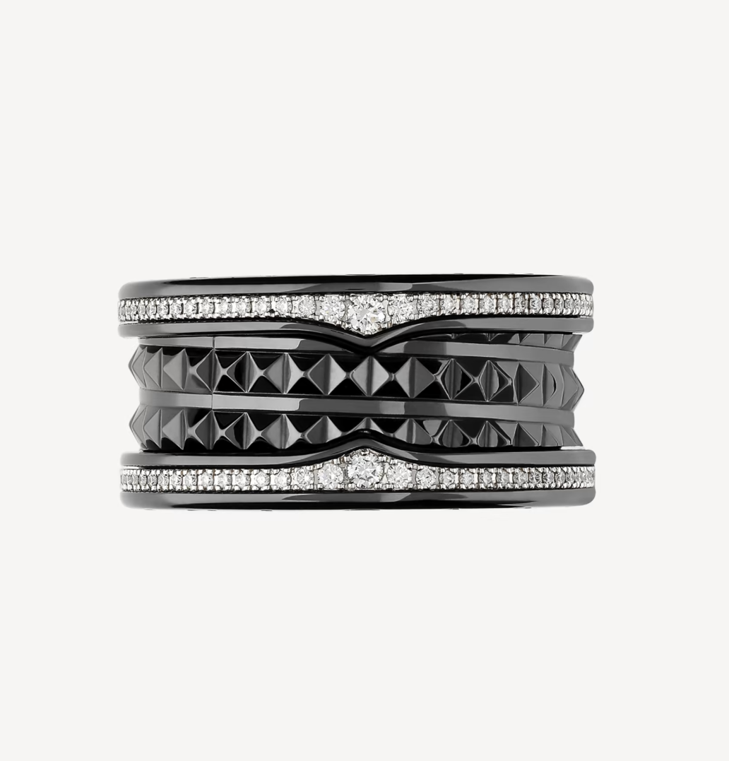 [⭐Haelin Jewelry]ZERO 1 ROCK FOUR-BAND BLACK CERAMIC WITH STUDDED SPIRAL AND PAVED DIAMONDS RING