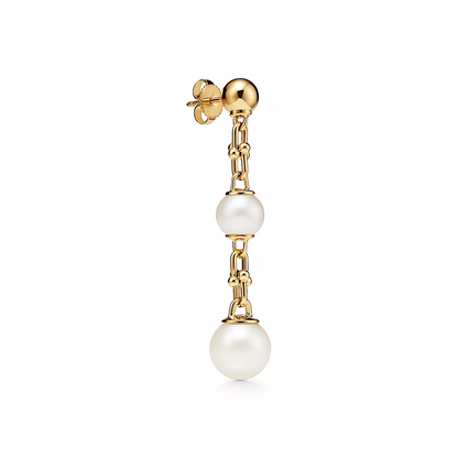 [Haelin Jewelry]TRIPLE DROP LINK EARRINGS GOLD WITH FRESHWATER PEARLS