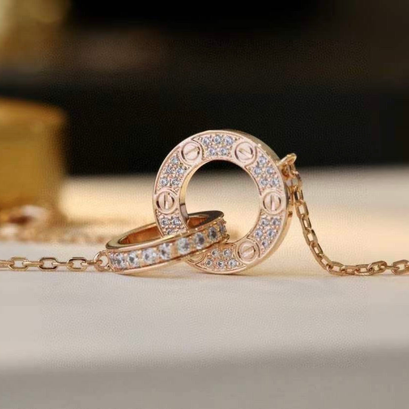 [⭐Haelin Jewelry]LOVE 7.6MM NECKLACE ROSE GOLD AND SILVER  FULL DIAMOND