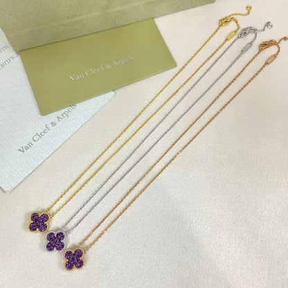 [⭐Haelin Jewelry]NEW 15MM PURPLE SAND-GOLD FOUR-LEAF CLOVER NECKLACE