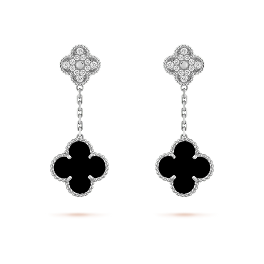 [⭐Haelin Jewelry]CLOVER 2 MOTIFS  DIAMOND ONYX EARRINGS SILVER
