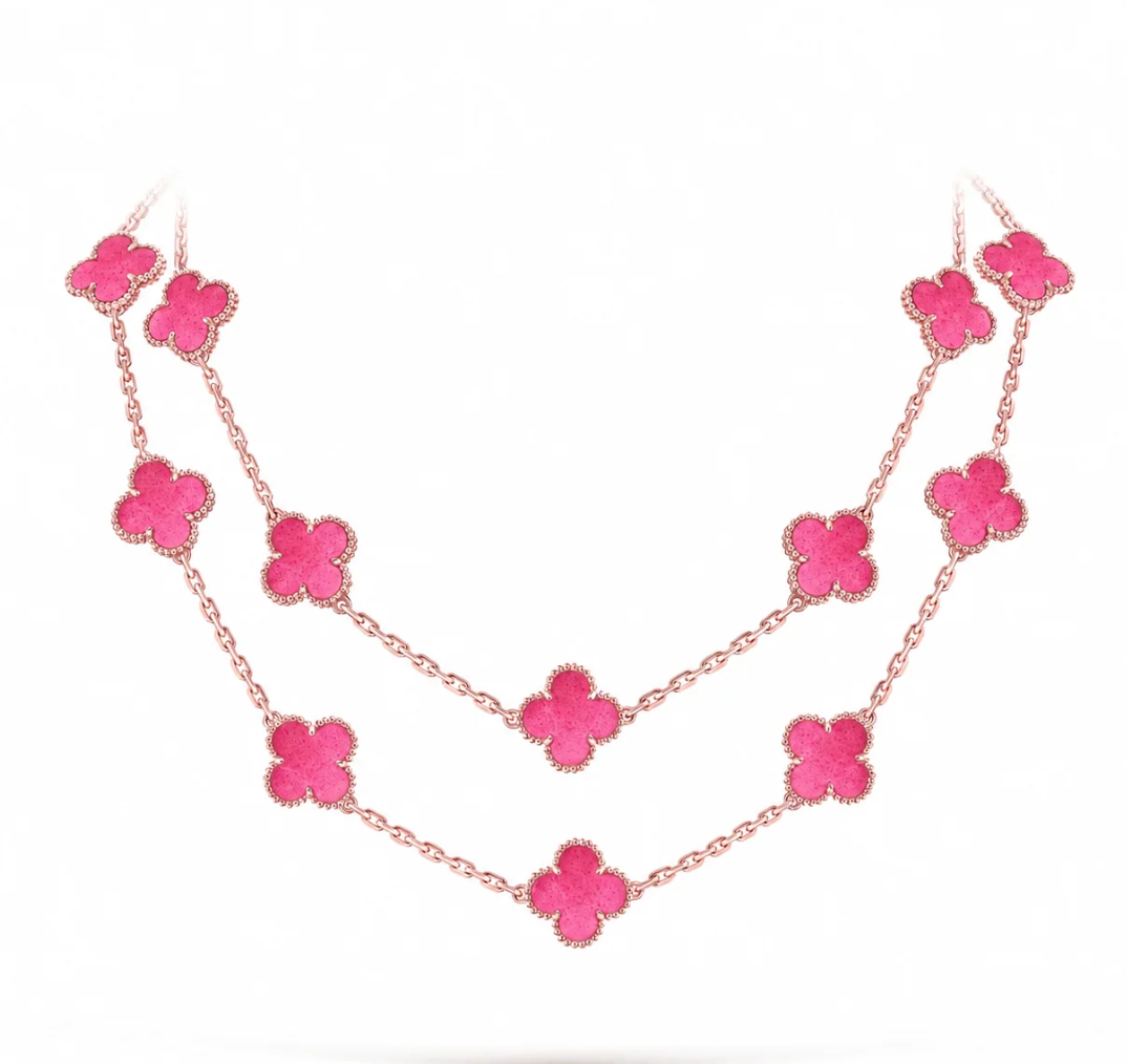 [⭐Haelin Jewelry]NEW CLOVER 20 MOTIFS PINK ENAMEL NECKLACE