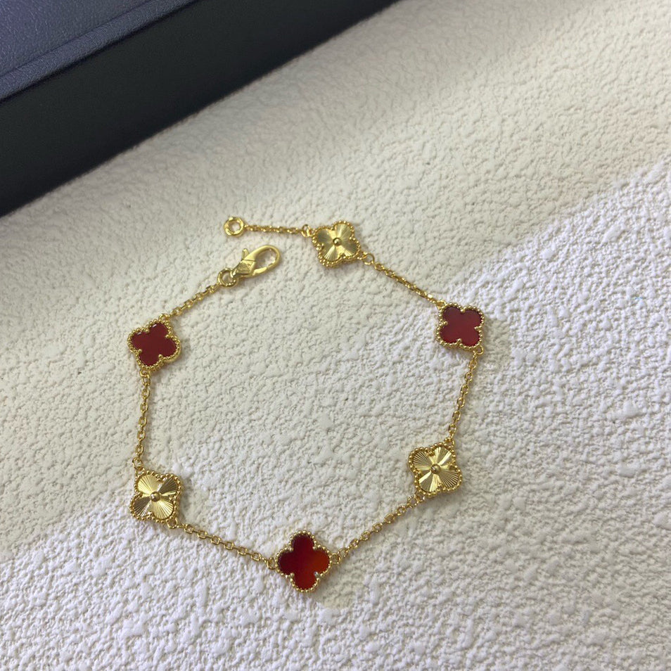 [⭐Haelin Jewelry]CLOVER 6 MOTIF RED AGATE LASER BRACELET