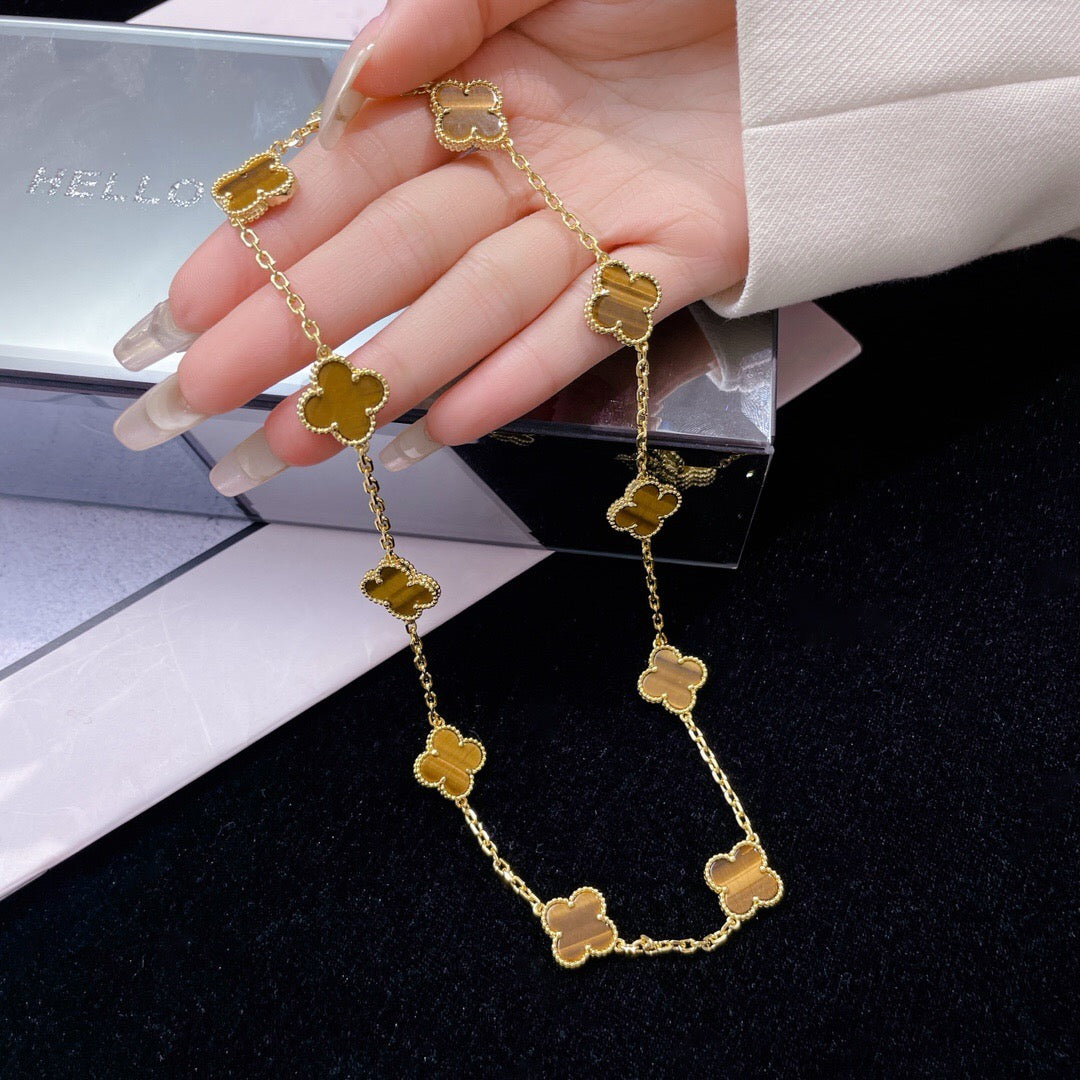 [⭐Haelin Jewelry]CLOVER 10 MOTIFS TIGER EYE NECKLACE