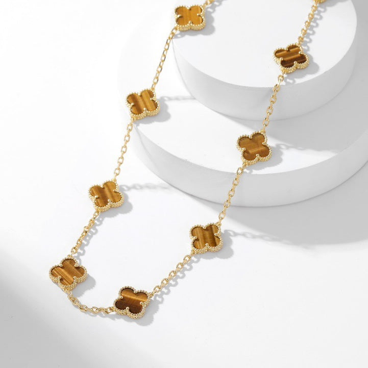 [⭐Haelin Jewelry]CLOVER 10 MOTIFS TIGER EYE NECKLACE