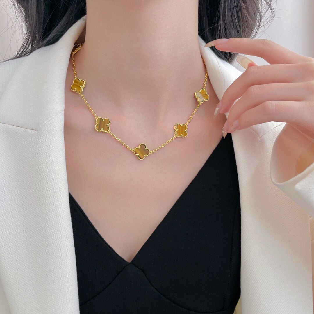 [⭐Haelin Jewelry]CLOVER 10 MOTIFS TIGER EYE NECKLACE