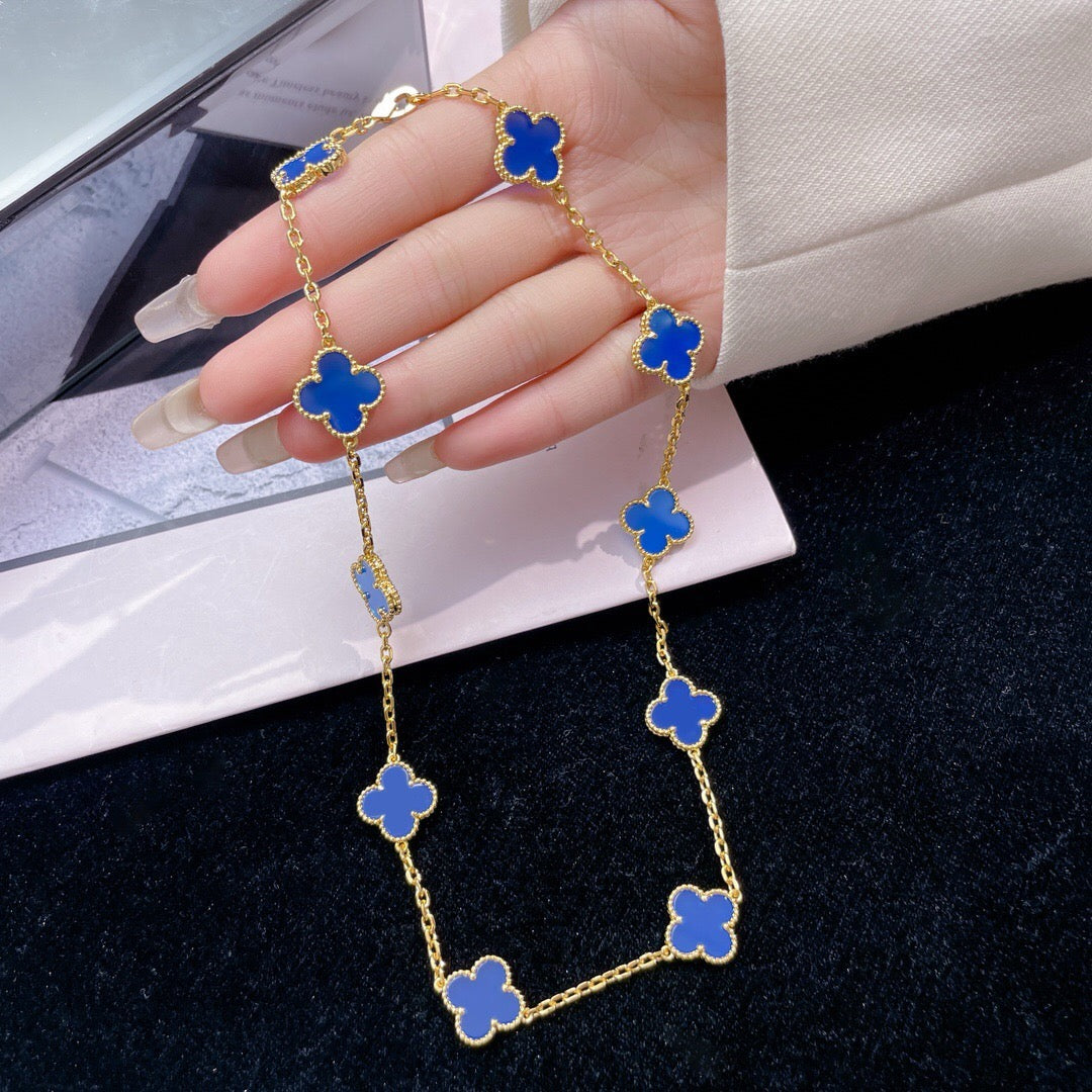 [⭐Haelin Jewelry]CLOVER 10 MOTIFS BLUE AGATE NECKLACE